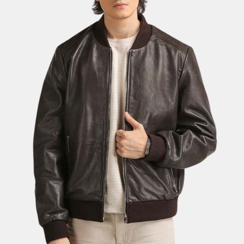 Men's Oversized Coffee Brown Leather Bomber Jacket