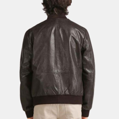 Men's Oversized Coffee Brown Leather Bomber Jacket