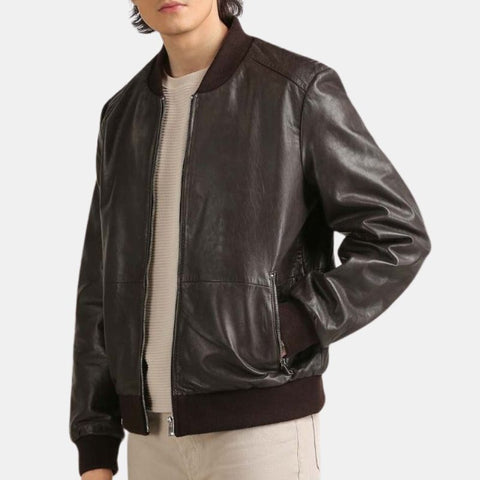 Men's Oversized Coffee Brown Leather Bomber Jacket