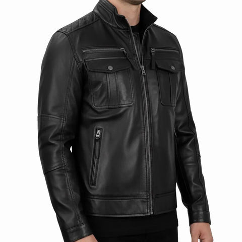 Men's Black Double Pockets Cafe Racer Real Leather Jacket