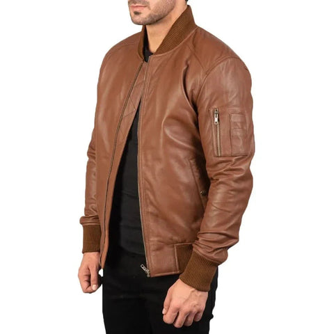 Men's MA-1 Brown Leather Bomber Jacket
