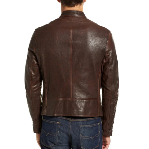 Men's Real Chocolate Brown Cafe Racer Leather Jacket