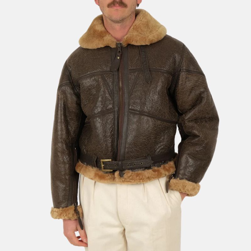 Men's Distressed Brown Shearling B-3 Bomber Jacket