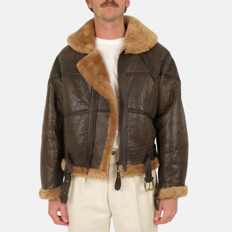 Men's Distressed Brown Shearling B-3 Bomber Jacket