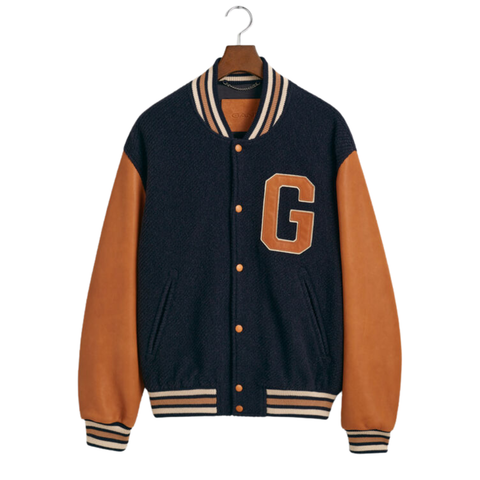 Men’s Navy & Tan Varsity Wool and Leather Jacket