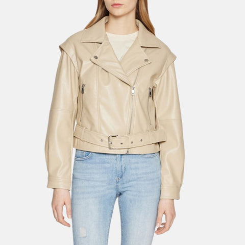 Women's Moto Style Beige Leather Jacket