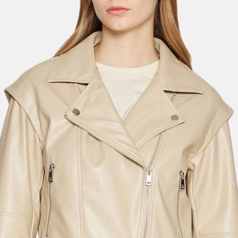 Women's Moto Style Beige Leather Jacket