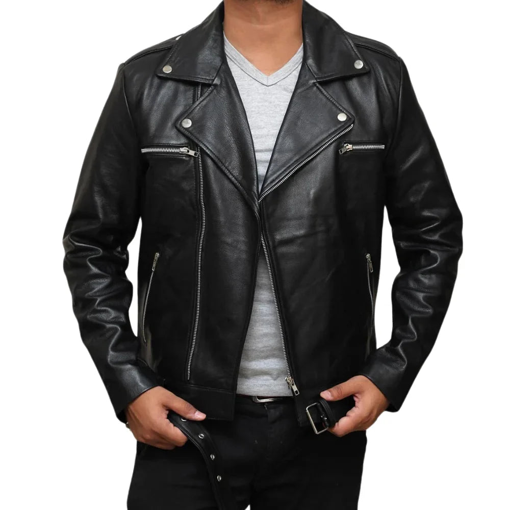 Negan Inspired Men’s Black Belted Moto Leather Jacket