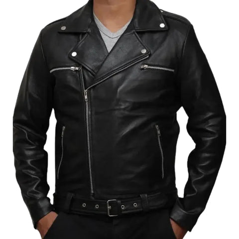 Negan Inspired Men’s Black Belted Moto Leather Jacket