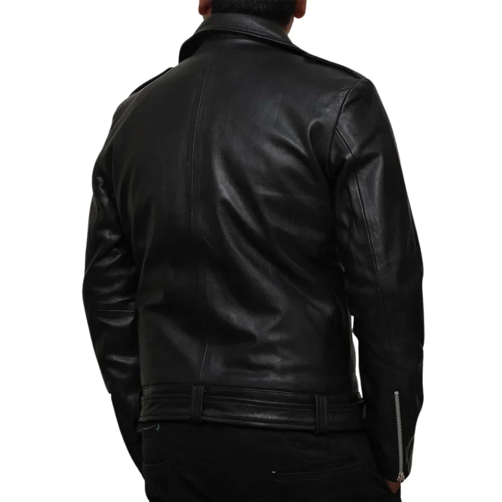 Negan Inspired Men’s Black Belted Moto Leather Jacket