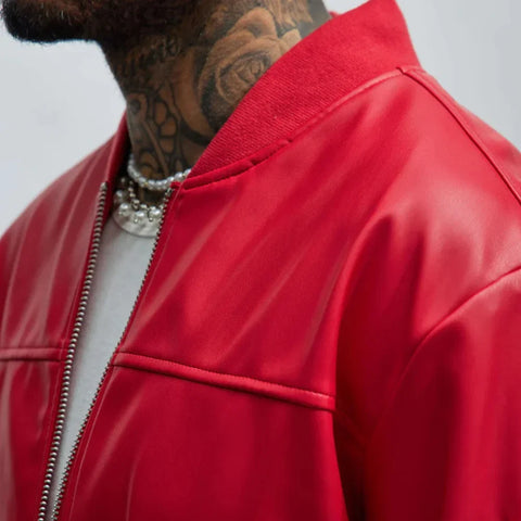 Men’s Oversized Red Leather Bomber Jacket
