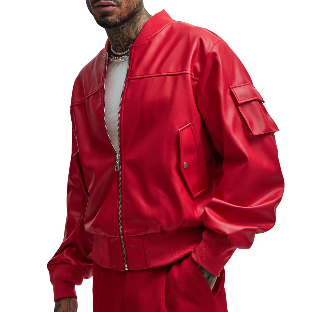 Men’s Oversized Red Leather Bomber Jacket