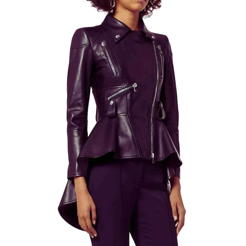 Women's Asymmetrical Peplum Purple Leather Jacket