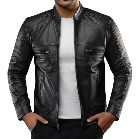 Men's Real Lambskin Black Cafe Racer Leather Jacket