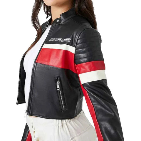 Women's Cropped Black and Red Racing Leather Jacket