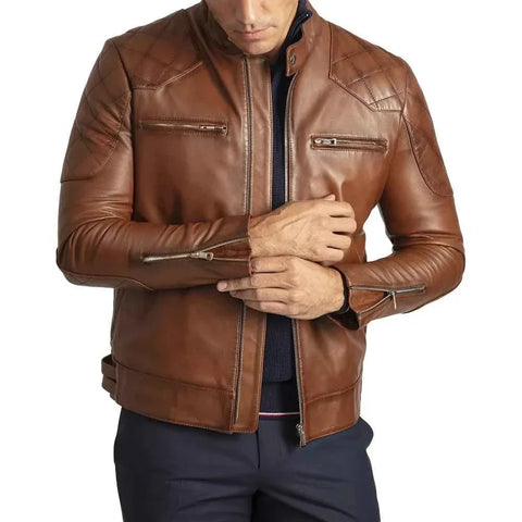 Men's David Brown Quilted Cafe Racer Leather Jacket