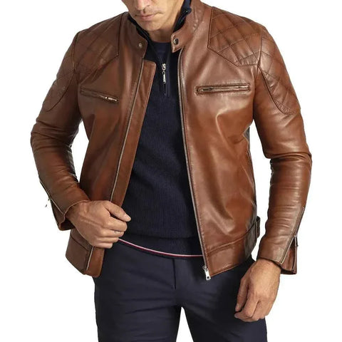 Men's David Brown Quilted Cafe Racer Leather Jacket