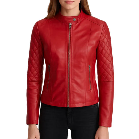 Women's Quilted Red Lambskin Leather Jacket