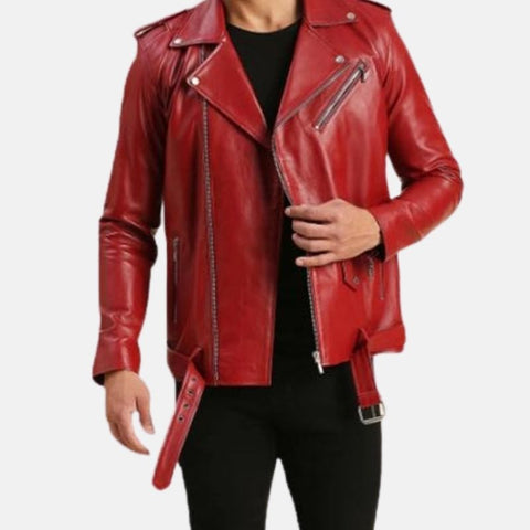 Men's Red Asymmetrical Biker Leather Jacket