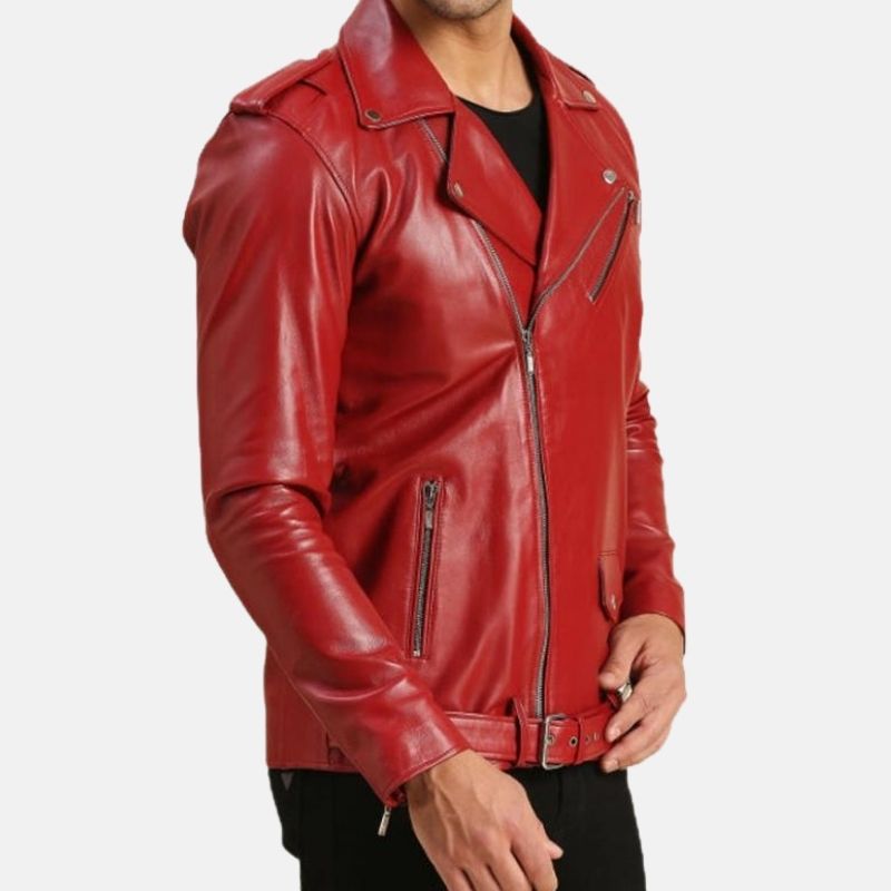 Men's Red Asymmetrical Biker Leather Jacket