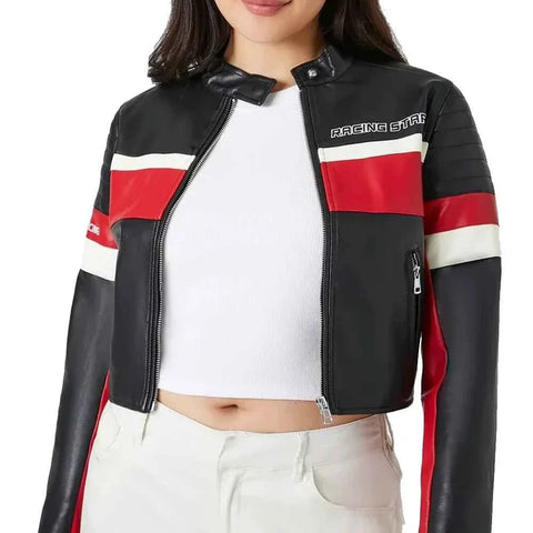 Women's Cropped Black and Red Racing Leather Jacket