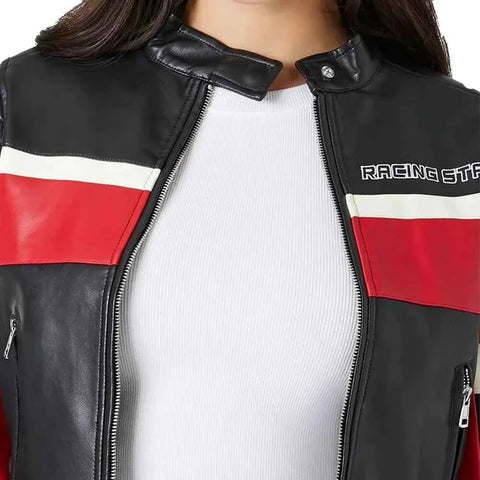 Women's Cropped Black and Red Racing Leather Jacket