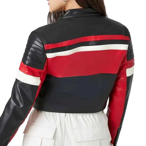 Women's Cropped Black and Red Racing Leather Jacket