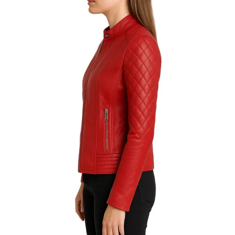 Women's Quilted Red Lambskin Leather Jacket