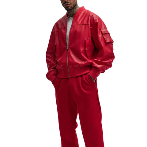 Men’s Oversized Red Leather Bomber Jacket