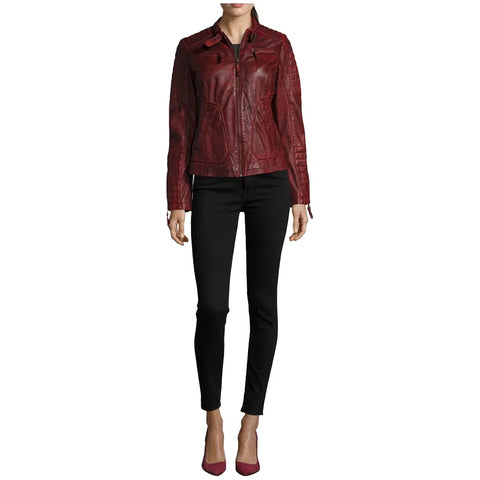 Womens Biker Dark Red Leather Jacket
