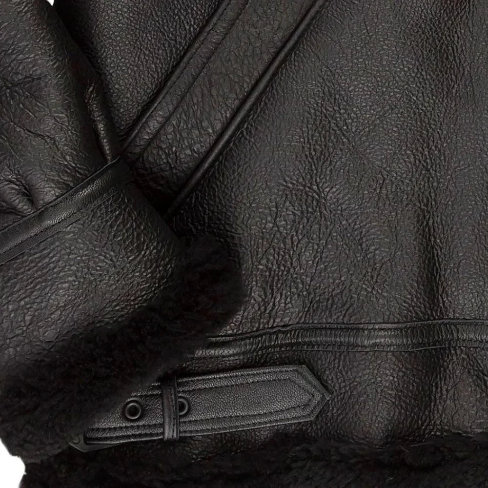 Men’s Black Hooded Shearling Leather Bomber Jacket