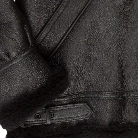 Men’s Black Hooded Shearling Leather Bomber Jacket