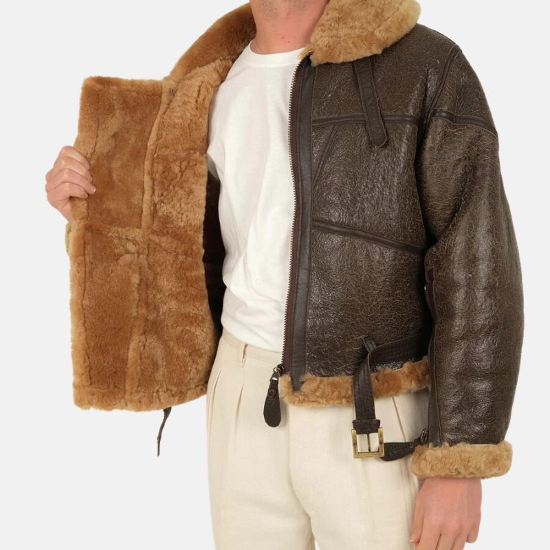 Men's Distressed Brown Shearling B-3 Bomber Jacket