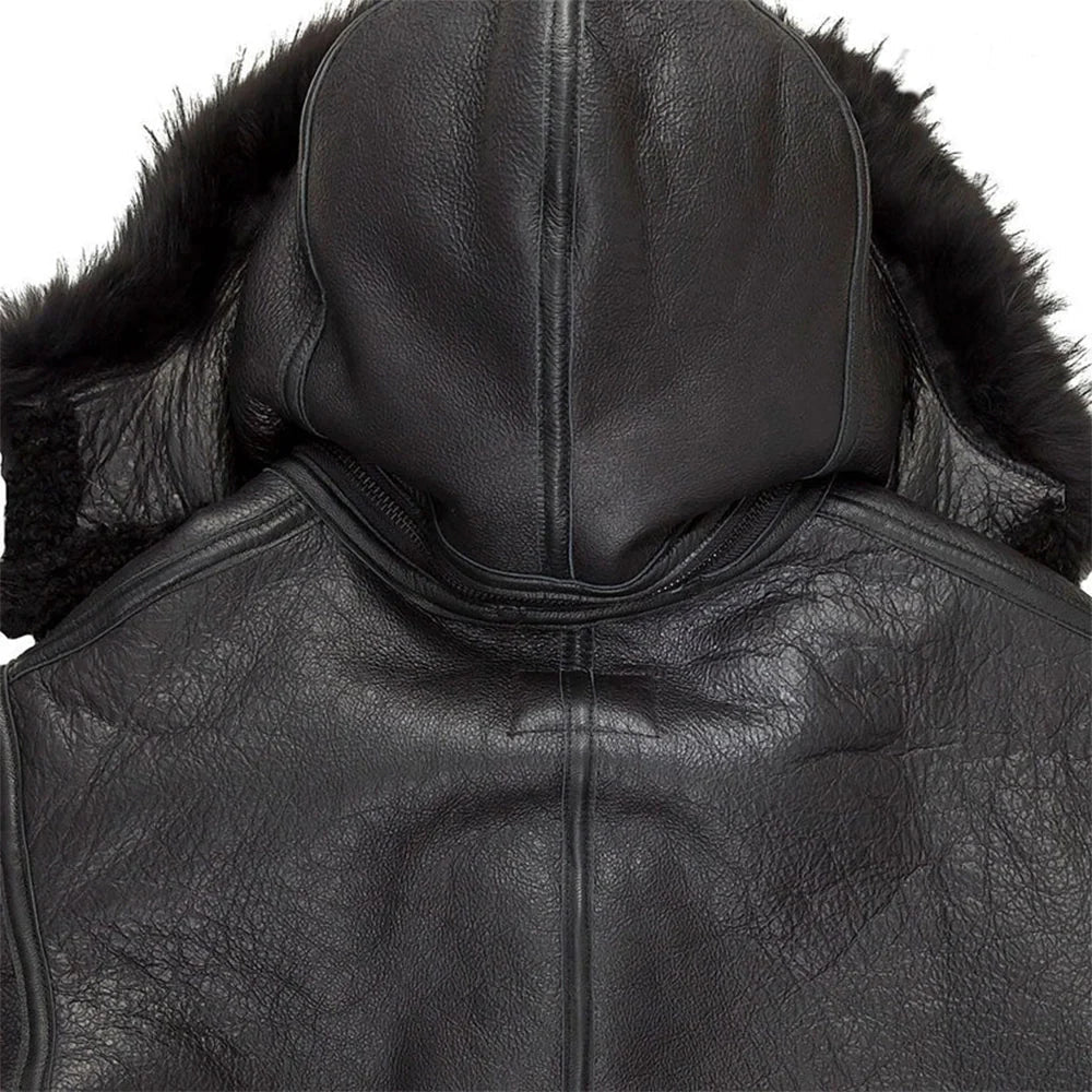 Men’s Black Hooded Shearling Leather Bomber Jacket