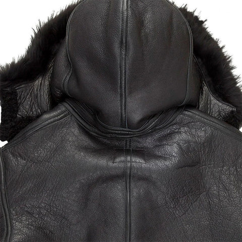 Men’s Black Hooded Shearling Leather Bomber Jacket