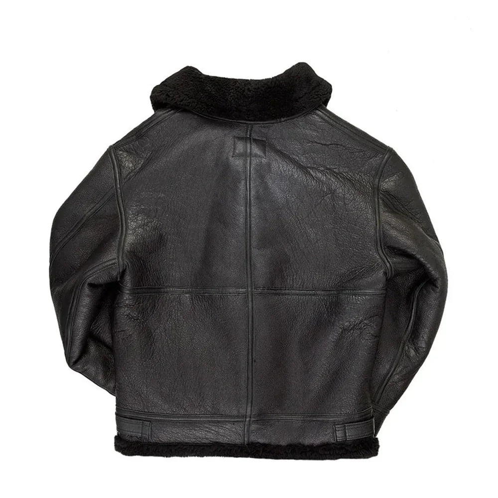 Men’s Black Hooded Shearling Leather Bomber Jacket