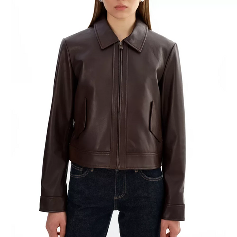 Women's Cropped Brown Shirt Collar Leather Jacket