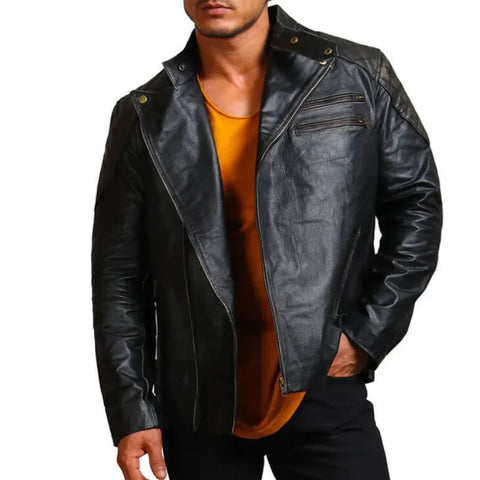 Men's Asymmetrical Bones and Skull Leather Jacket