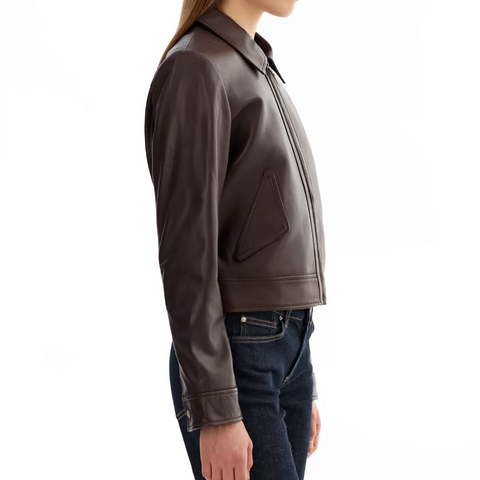 Women's Cropped Brown Shirt Collar Leather Jacket