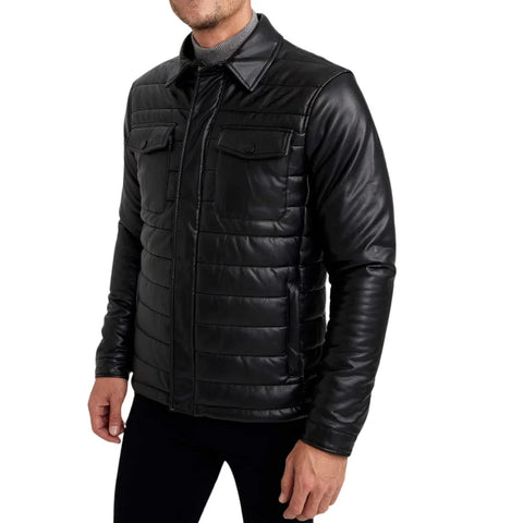 Men's Trucker Quilted Black Vegan Leather Jacket