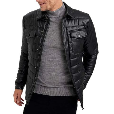 Men's Trucker Quilted Black Vegan Leather Jacket