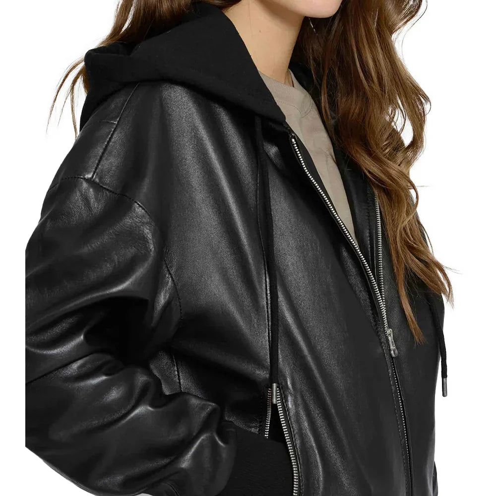 Women's Black Hooded Leather Bomber Jacket
