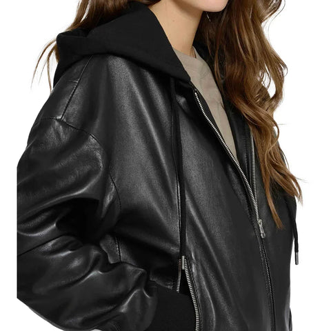 Women's Black Hooded Leather Bomber Jacket
