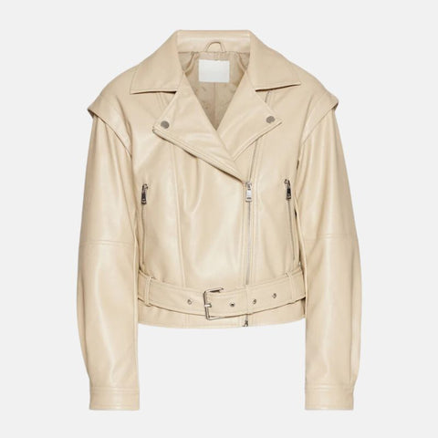 Women's Moto Style Beige Leather Jacket