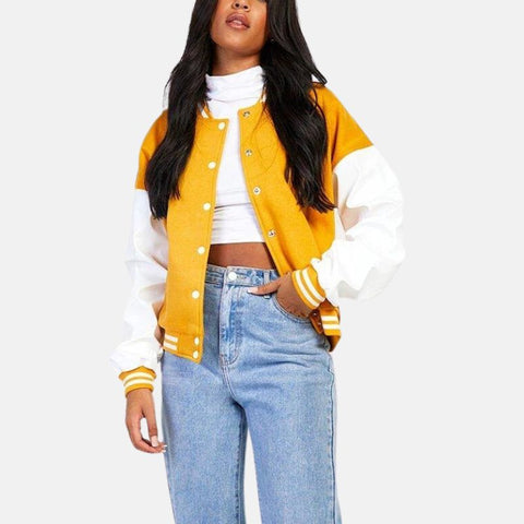 Women’s Mustard Satin Varsity Bomber Jacket