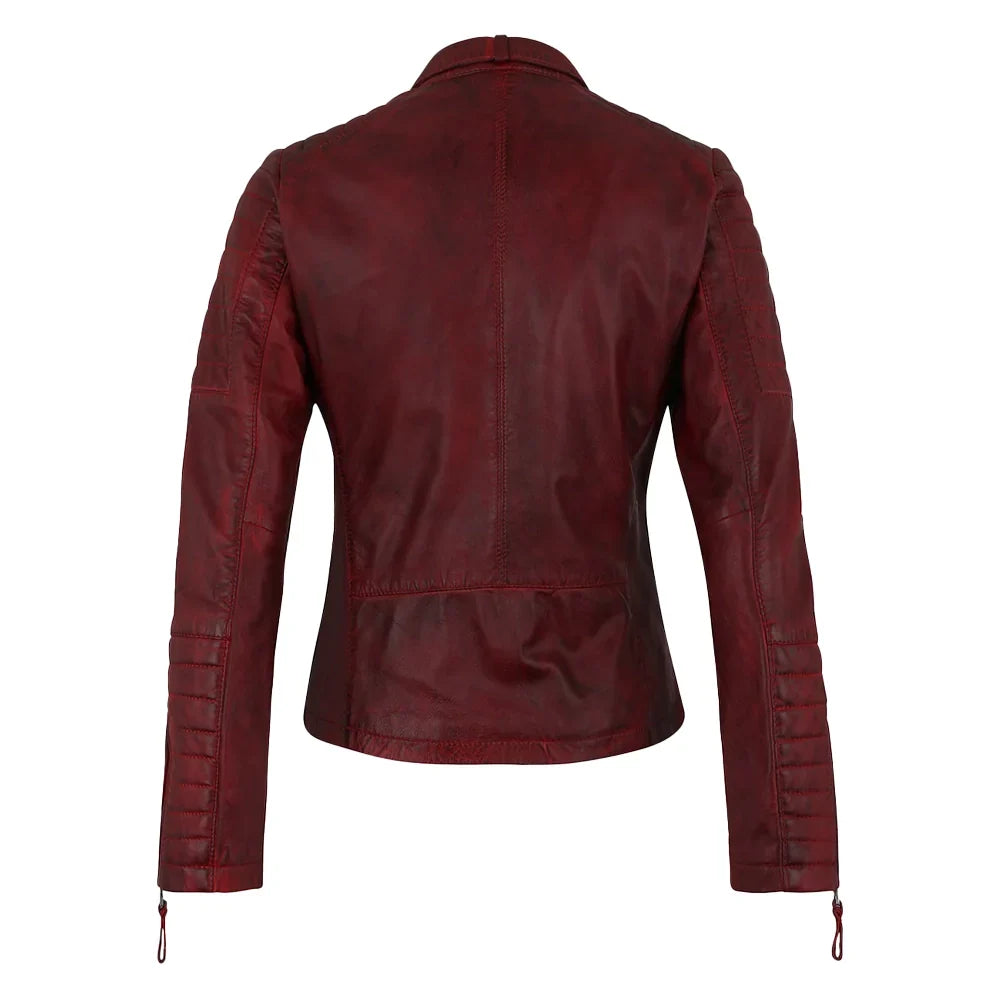 Womens Biker Dark Red Leather Jacket