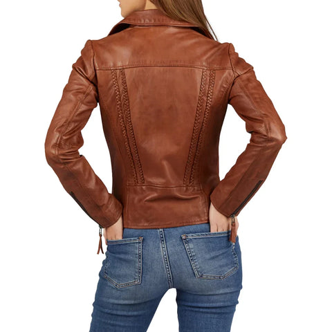 Women's Asymmetrical Cognac Motorcycle Leather Jacket
