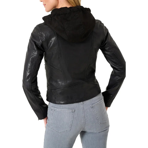 Black Cafe Racer Womens Hooded  Leather Jacket