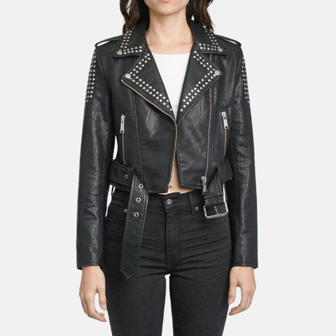 Women Punk Style Black Studded Leather Jacket
