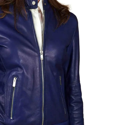 Women’s Blue Lambskin Cafe Racer Leather Jacket